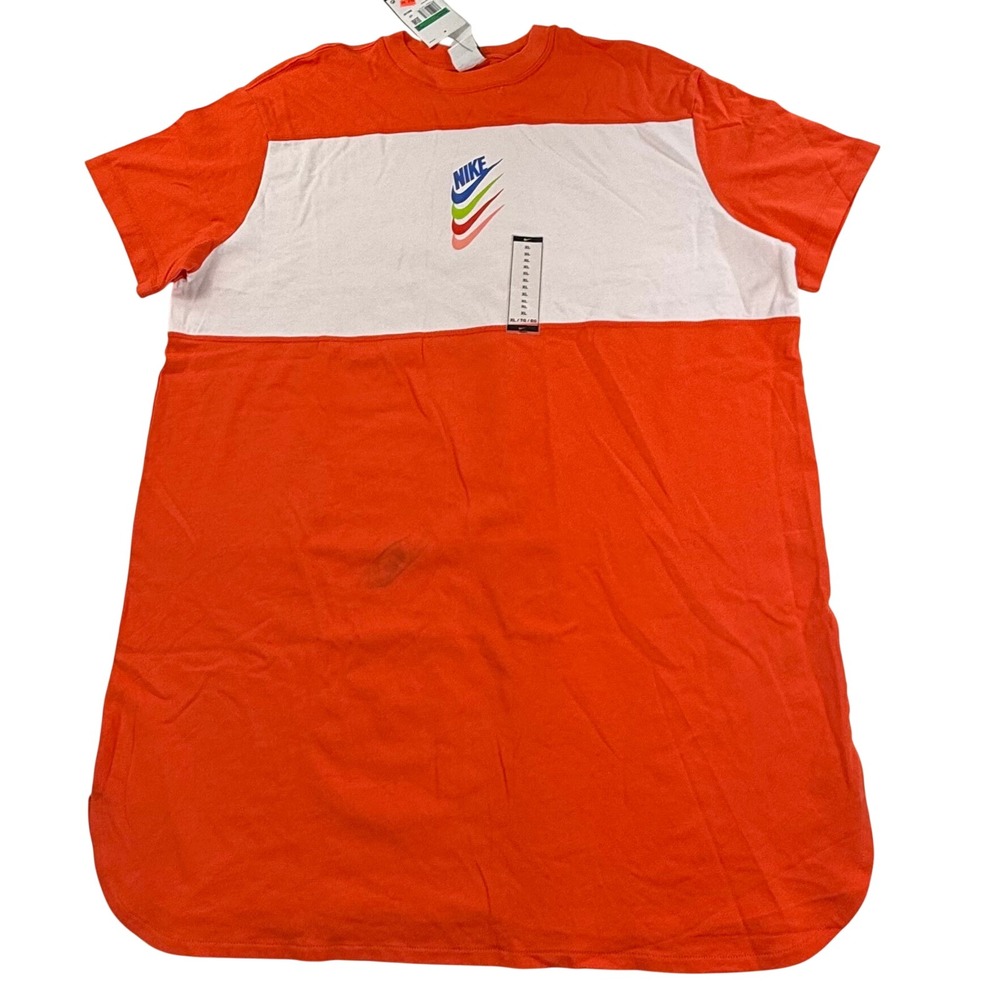 Nike Sportswear Womens Orange White Colorblock Multi Swoosh T-Shirt Dress XL NEW